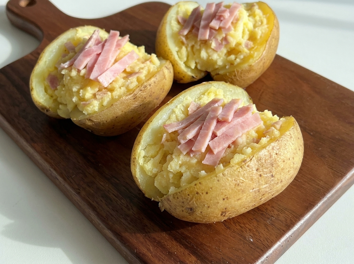ハムの細切りがトッピングされ、チーズを乗せる準備ができたスタッフドポテトの半分。