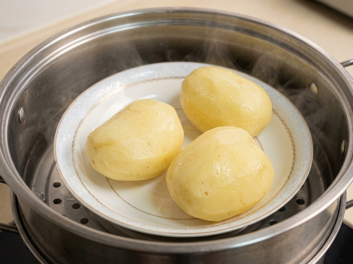 湯気が立つ金属製の蒸し器の中で、お皿にのったじゃがいもを蒸している様子。