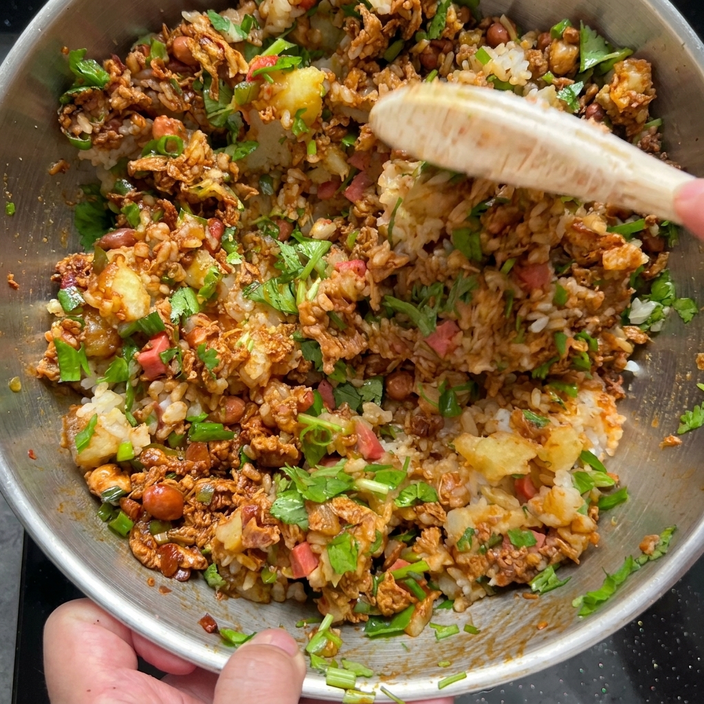 味付けしたご飯をじゃがいもの皮の器に詰め直す様子。