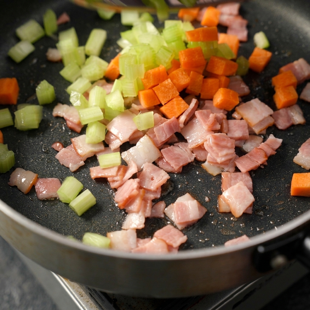 野菜が入ったフライパンに注がれ、一緒に混ぜ合わせられているクラムスープと炒めた小麦粉の混合物。