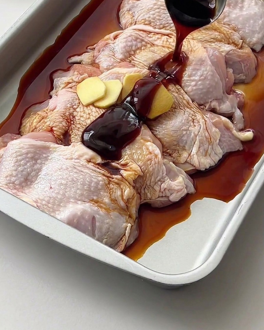 生の鶏肉と生姜の上に小さなレードルで醤油を注いでいる様子。