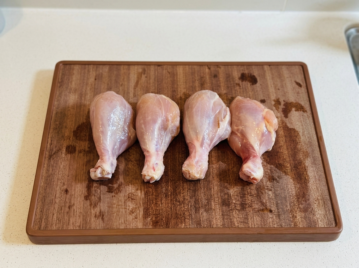 茶色いまな板の上に置かれた、皮をむいた4本の生の鶏もも肉。