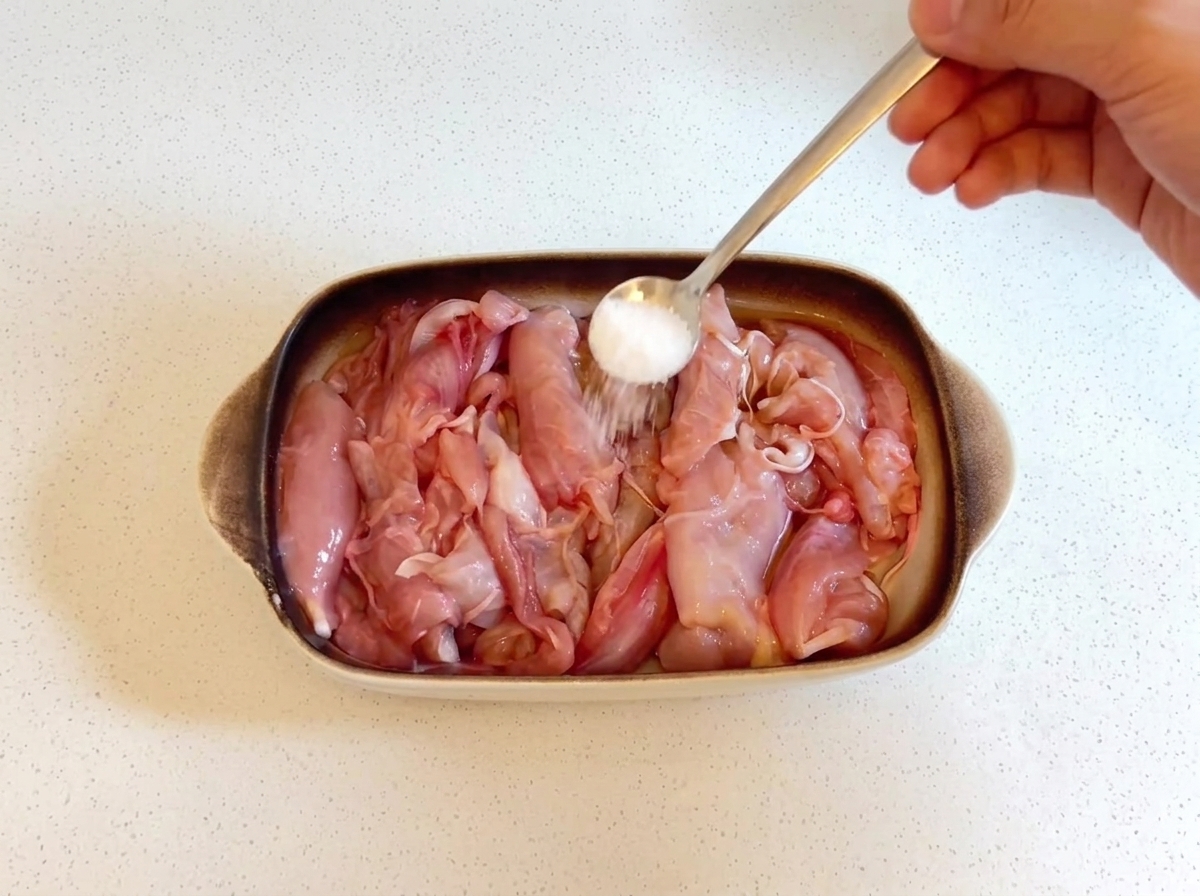 陶器の耐熱皿に入った生の鶏肉にスプーン一杯の塩が振りかけられている様子。