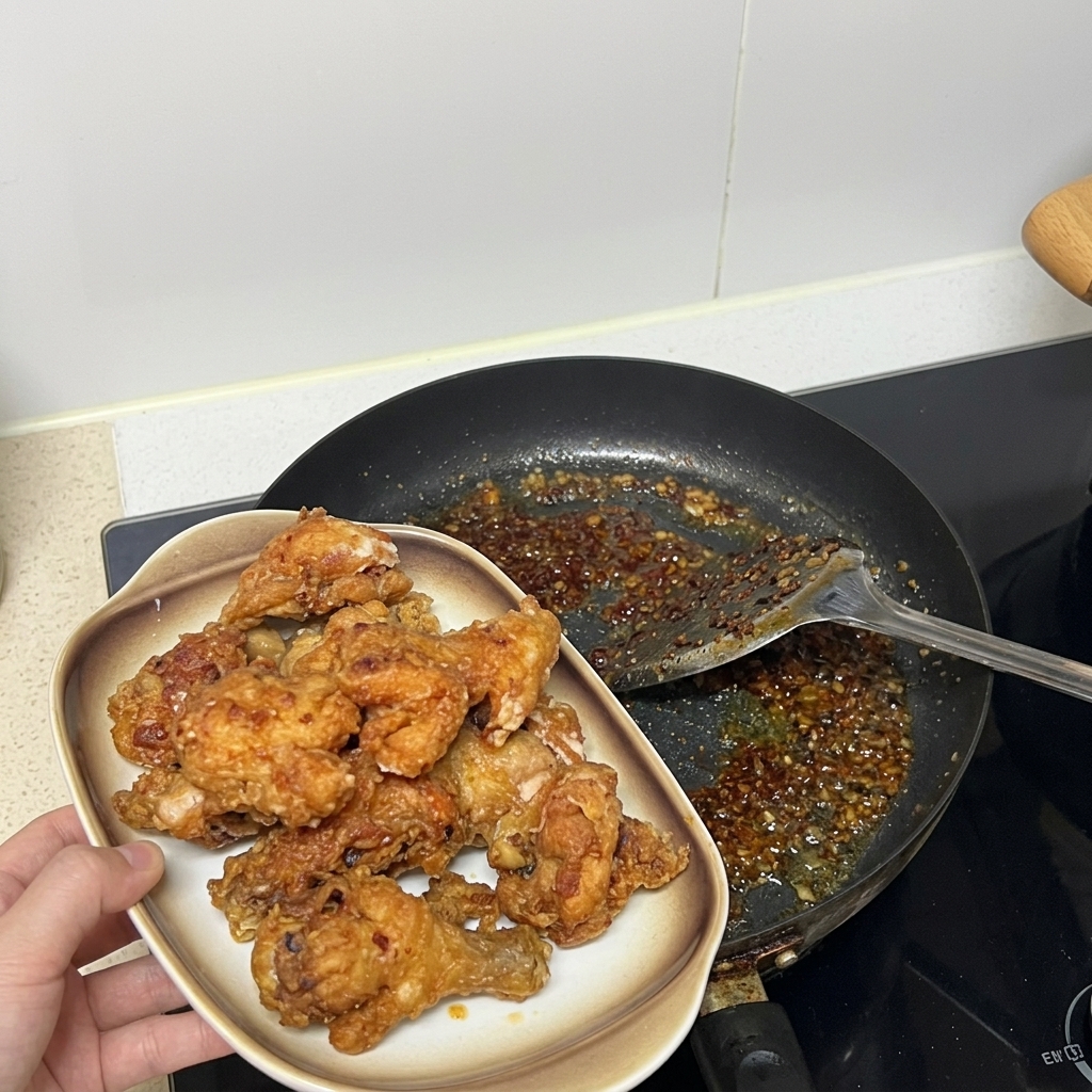 フツフツと煮立つソースが入ったフライパンの横で、きつね色に揚がった鶏肉が乗った陶器の皿を手に持っている様子。