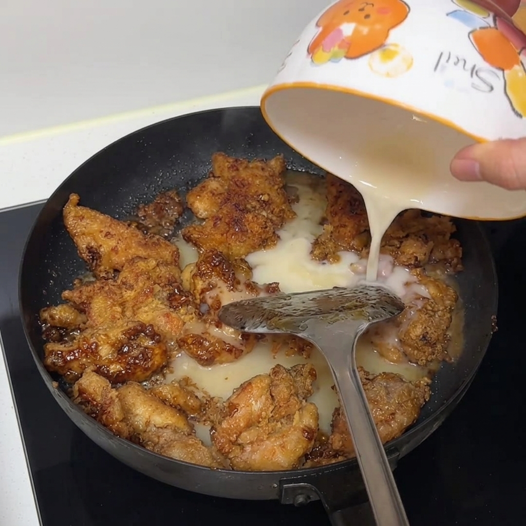 強火にかけたフライパンの中で、鶏肉が濃厚なソースと一緒に煮詰まっている様子。