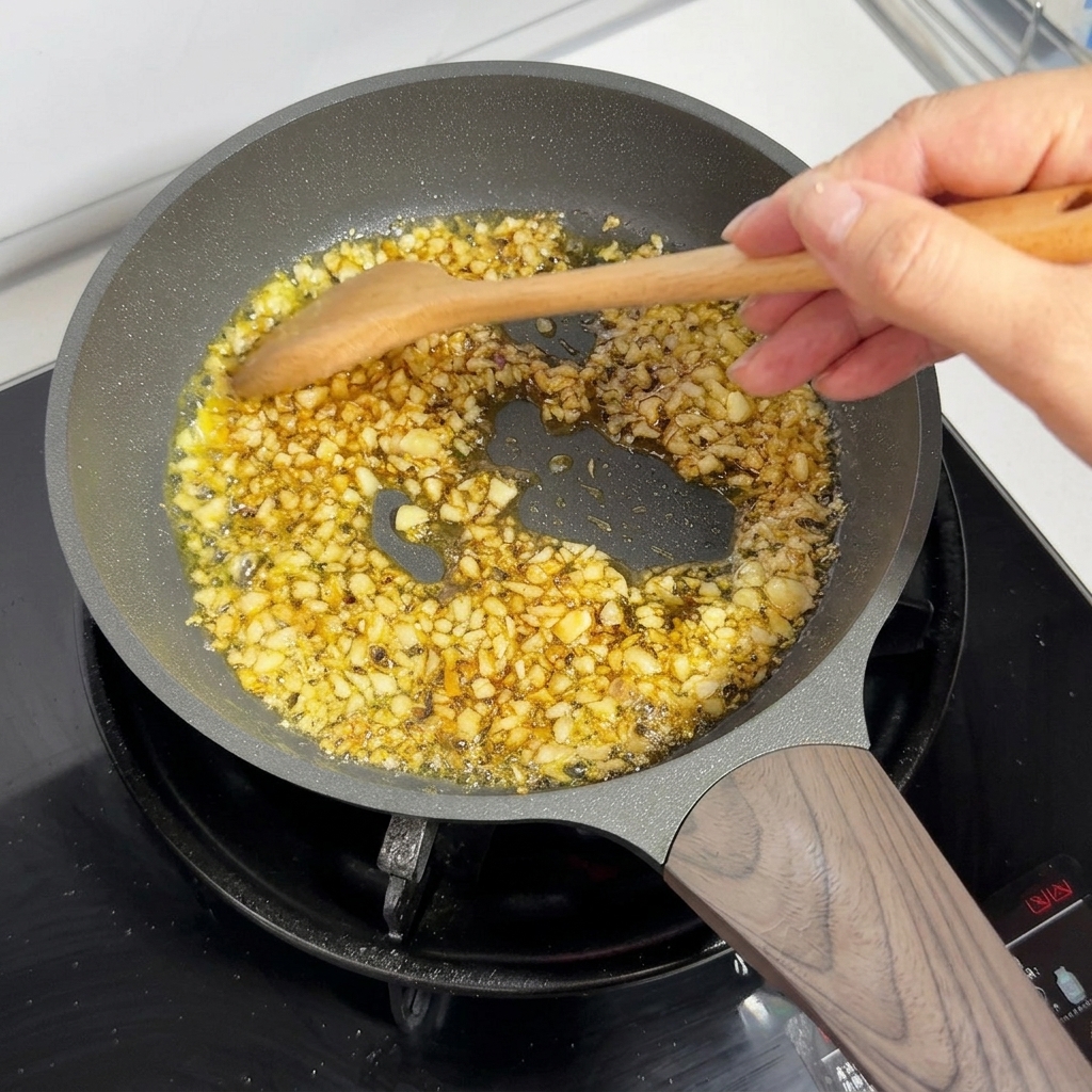 木べらで混ぜながら、ニンニクとバターがフツフツと煮立っているフライパン。