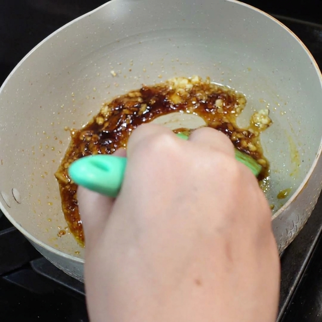 緑色のスパチュラを使って、フライパンの中でソースの材料がしっかりと混ぜ合わされている様子。