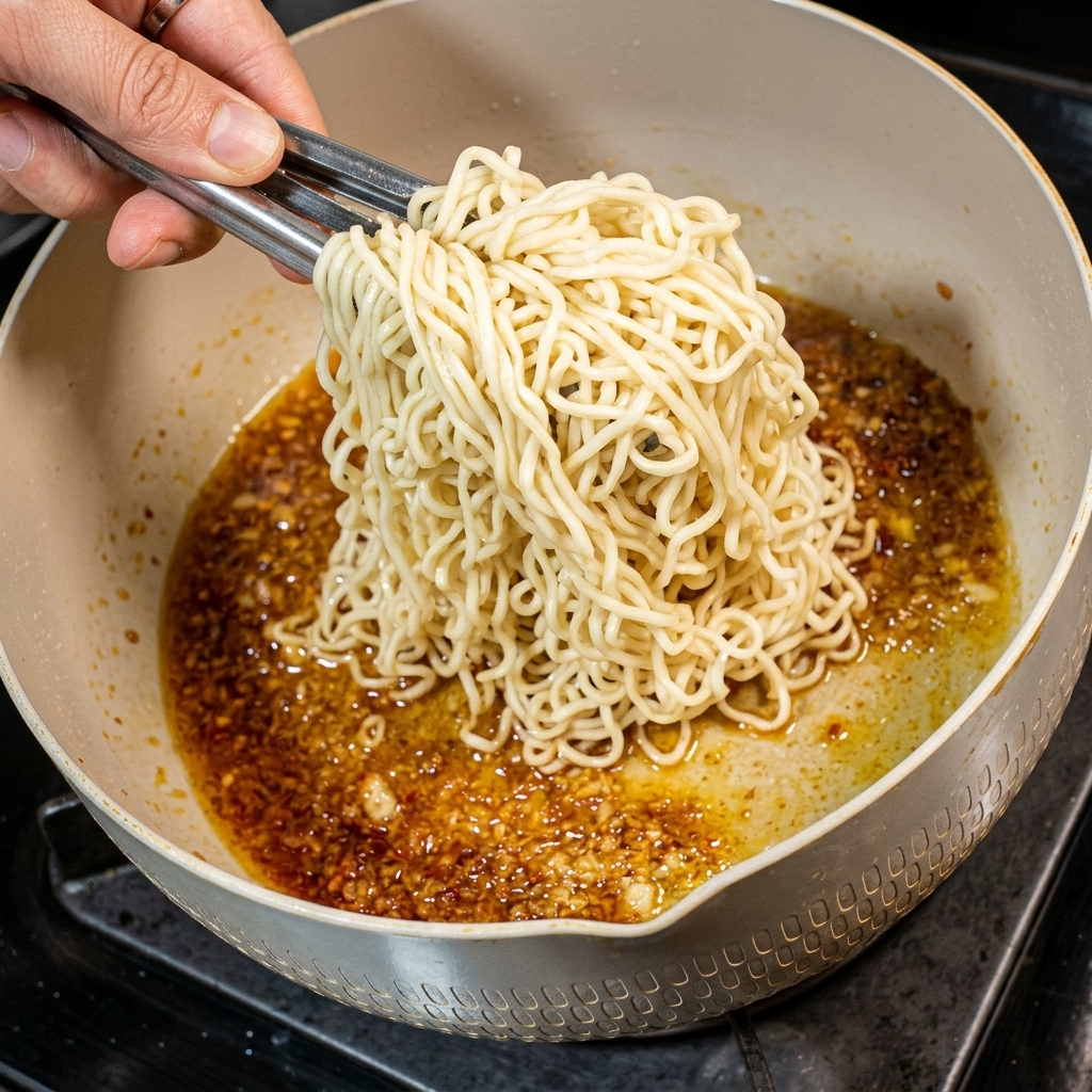 金属製のトングが、事前に茹でられた麺をソースの入ったフライパンに移している様子。