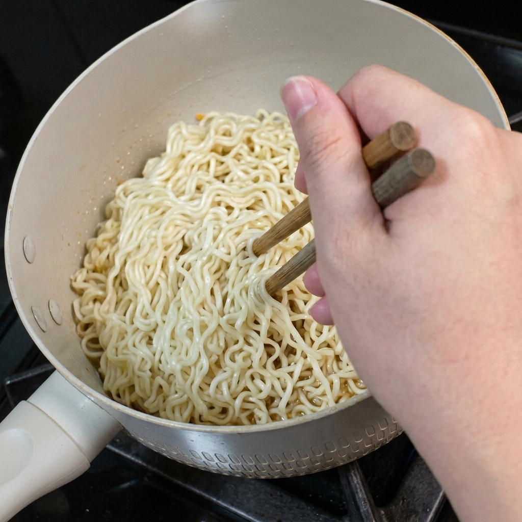 木製の箸を使って、フライパンの中で山盛りの麺を返し、ソースを絡めている様子。