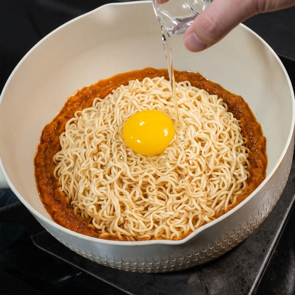フライパンの中の山盛りの麺の上に、生の卵が割って落とされている様子。
