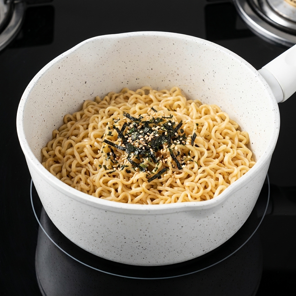 白い鍋に入った調理済みの麺の上に、一握りの刻み海苔とごまが乗せられている様子。