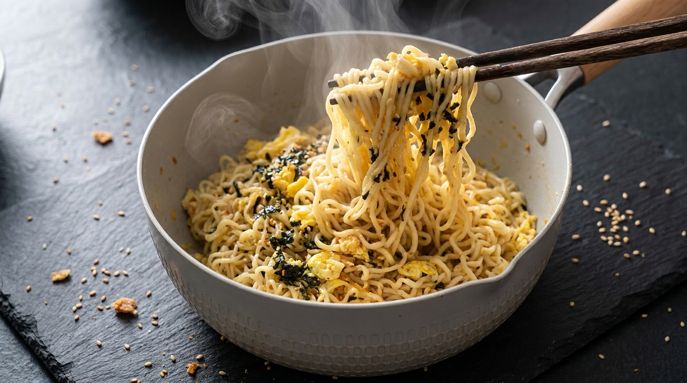 ガーリックバター和え麺（スクランブルエッグ添え）