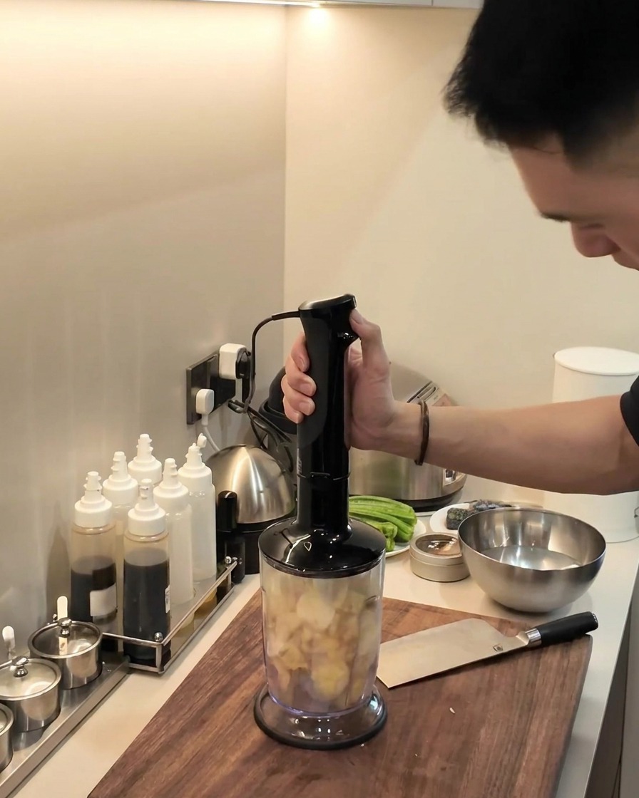 材料が入ったブレンダーの容器に少量の水を注いでいる人物。
