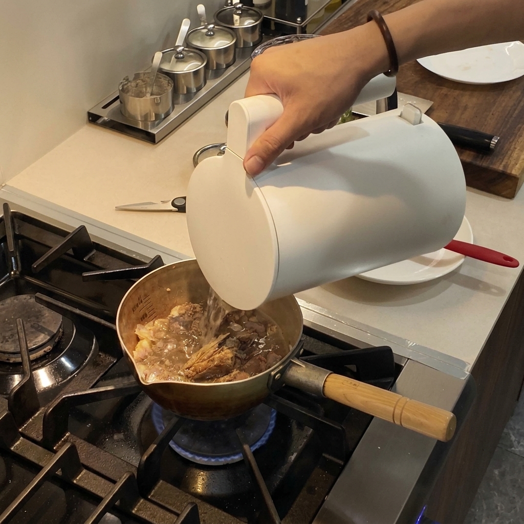 コンロの上の煮立っているスープの鍋に、白い容器から濃い赤色のチリオイルが注がれている様子。