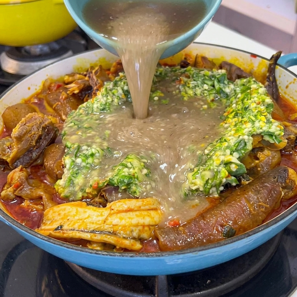 オクラや肉が入った大きな鍋に、ボウルからコクのある茶色い牛骨スープを注いでいる様子。