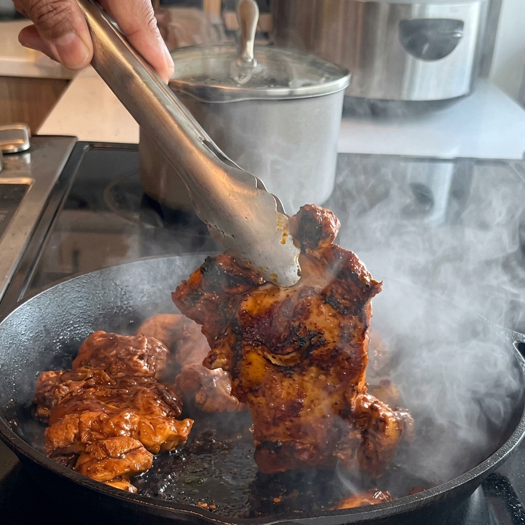 湯気が立つ熱い黒いフライパンの中で、こんがりと焼き目のついた鶏もも肉をトングで持ち上げて裏返している様子。