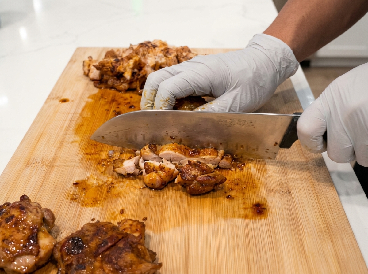 手袋をはめた手で大きな牛刀を使い、こんがり焼けた鶏もも肉を木製のまな板の上で一口大に切り分けている様子。