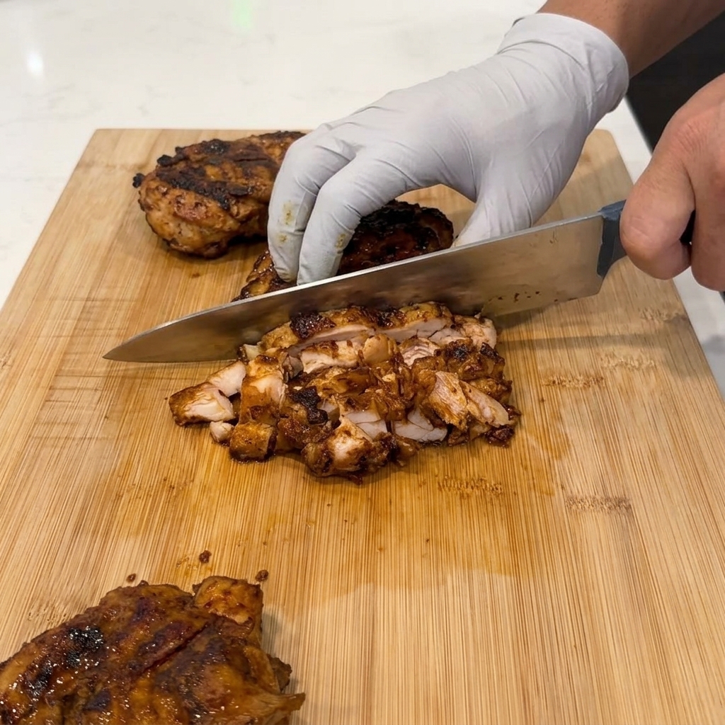 ステンレスボウルに入った一口大の焼いた鶏肉に、濃い色のハニーアドボソースを注ぎかけている様子。
