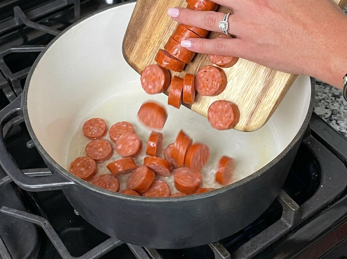 スライスしたアンドゥイユソーセージを、油を熱した鍋に入れている様子。