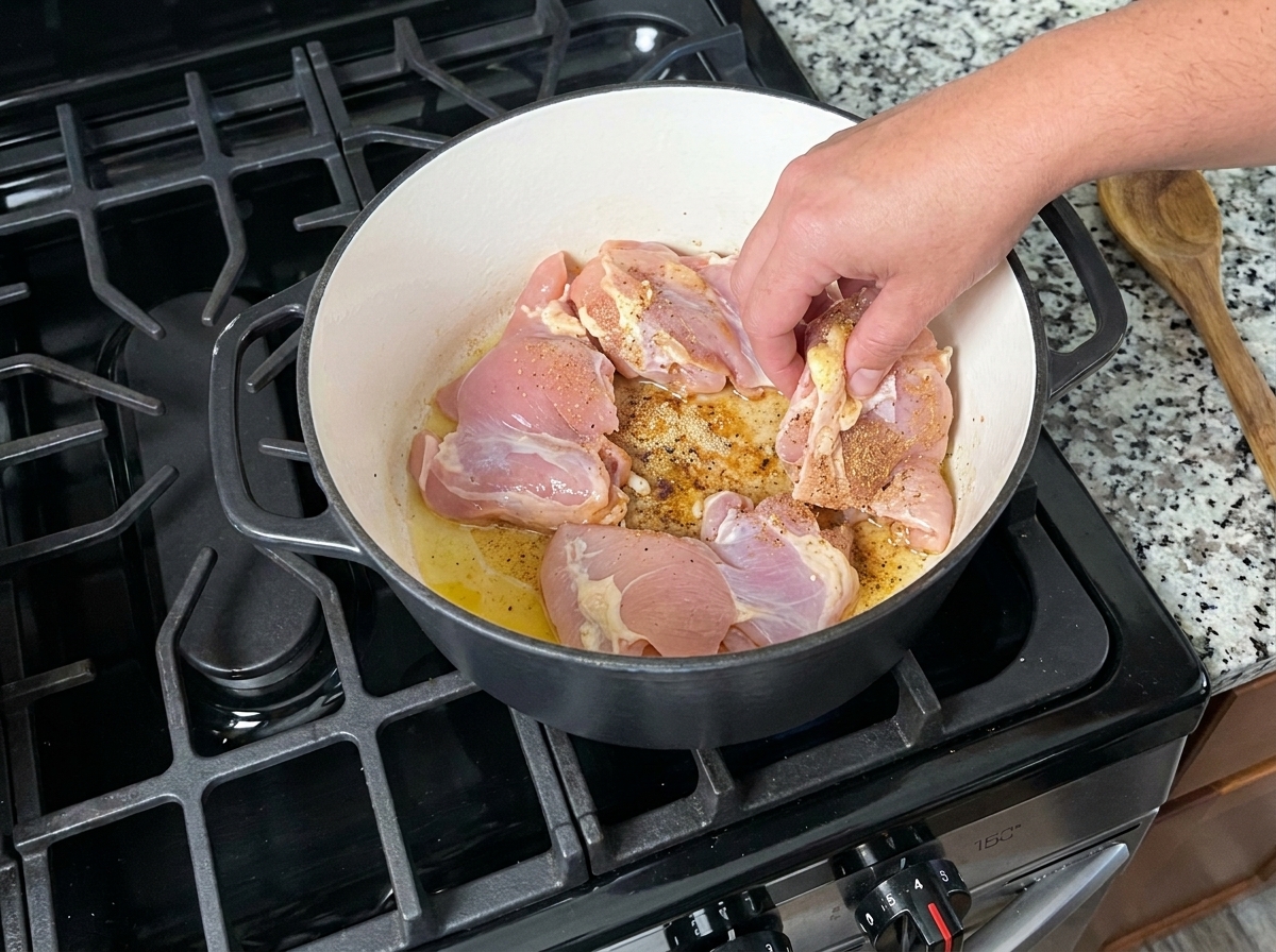 スパイスで味付けした生の鶏もも肉を鍋に入れて焼いている様子。