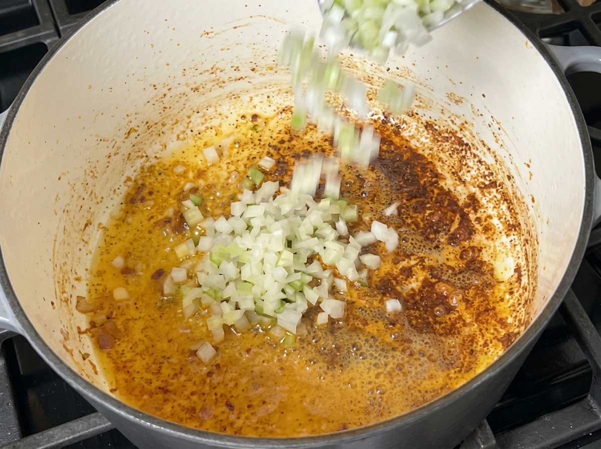 角切りにした玉ねぎ、セロリ、ピーマンを、肉の旨味が残る鍋に加えている様子。