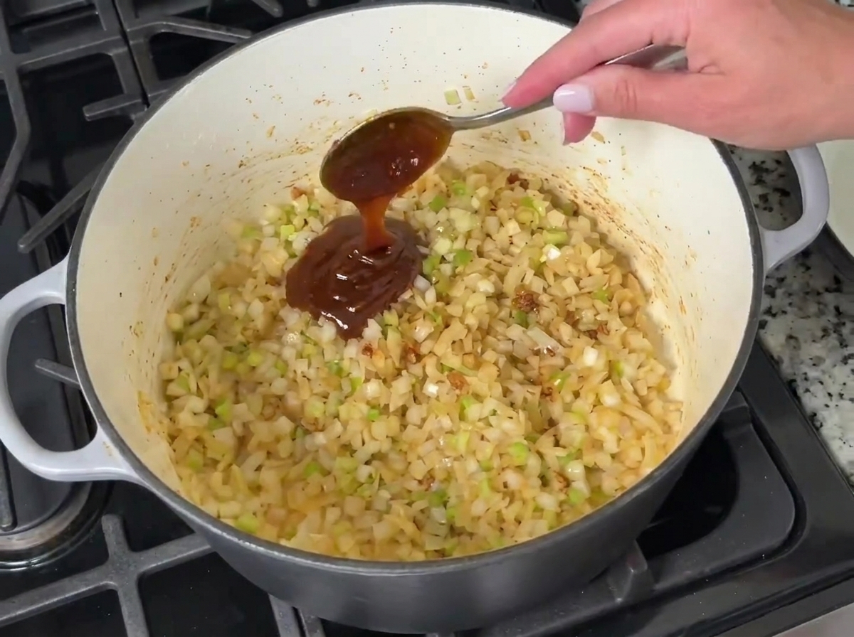 しんなりした野菜の入った鍋に、市販のダークルーをスプーンで加えている様子。