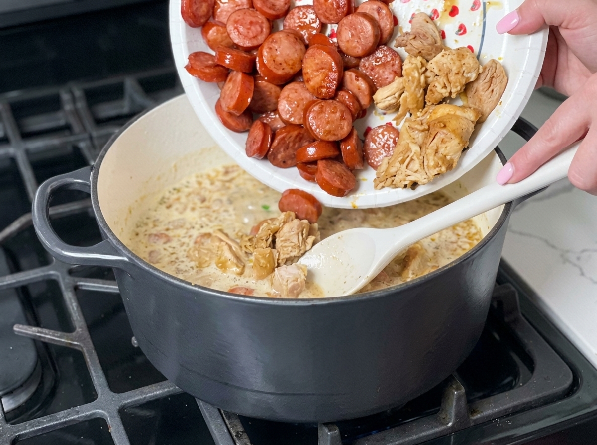 こんがり焼いた鶏肉とソーセージを、スープの入った鍋に戻し入れている様子。