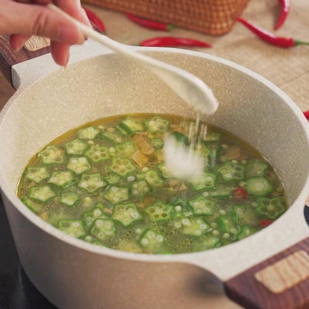 鶏肉、星型のオクラのスライス、そして煮立っているスープが入った鍋に、白いスプーンで塩を振りかけている様子。