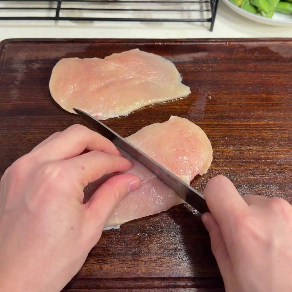 木製のまな板の上で、包丁を使って生の鶏胸肉をサイコロ状に切っている様子。
