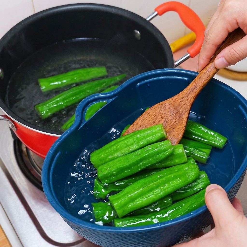 茹で上がったオクラを鍋から取り出し、氷水を入れた青いザルに移している様子。
