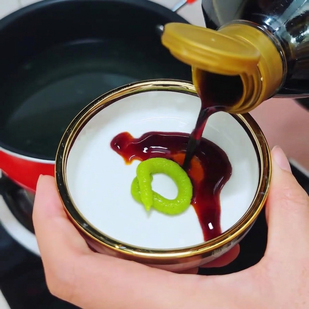 わさびの横にボトルから濃口醤油を注いでいる様子。