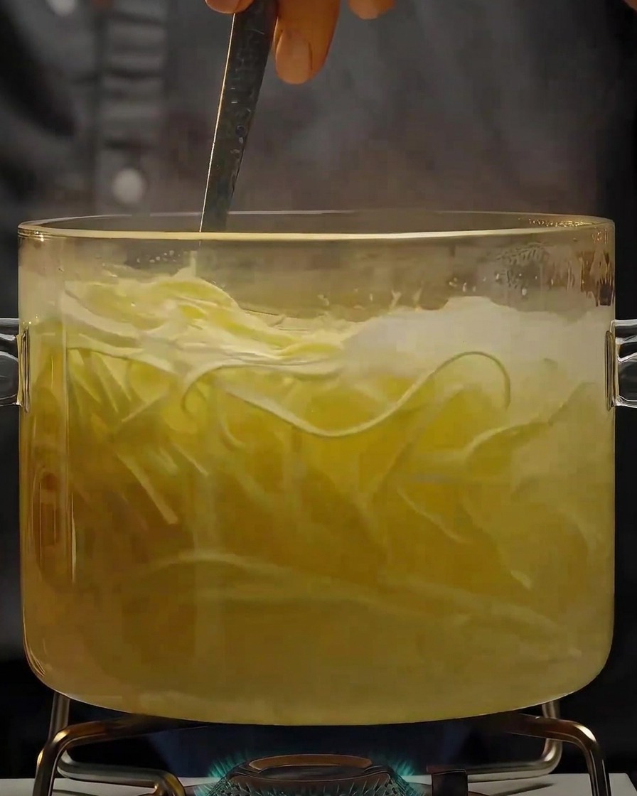 激しく沸騰するガラスポットの中で、ロングパスタの麺が茹でられ、かき混ぜられているところ。