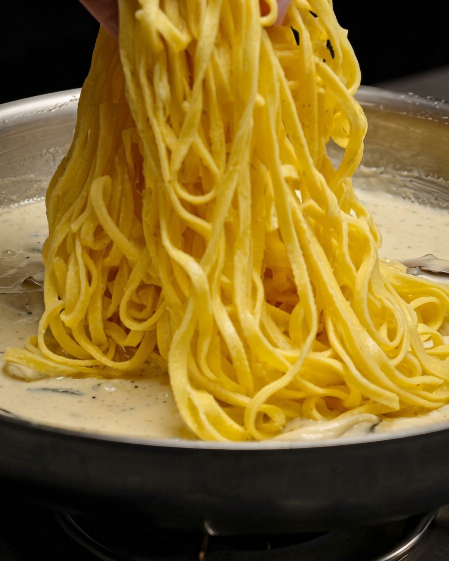 黄色いパスタの束が持ち上げられ、キノコが入ったクリーミーなソースに和えられているところ。