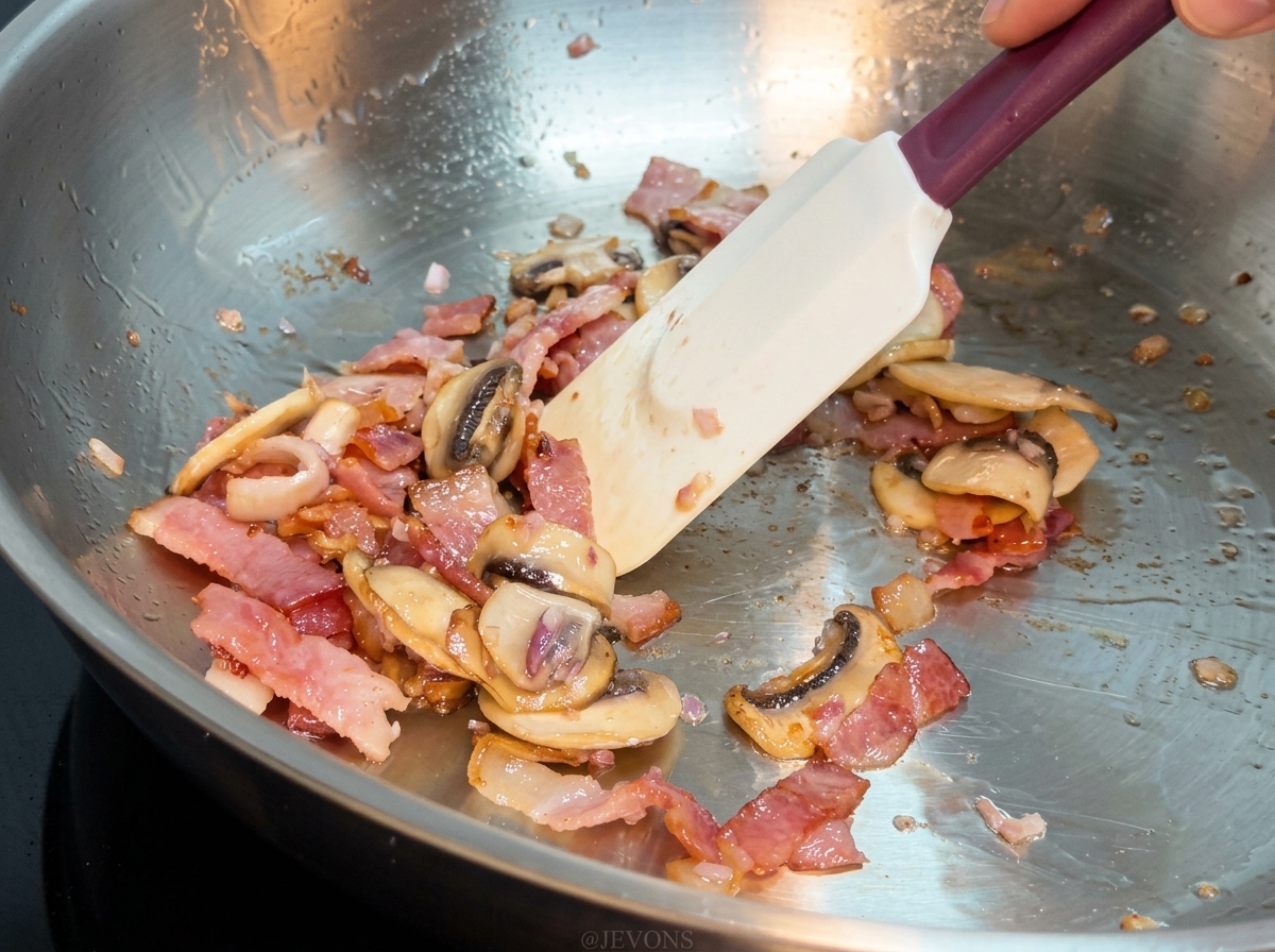金属製のフライパンの中で、シリコンスパチュラを使って茹でたパスタ、ベーコン、マッシュルームを混ぜ合わせている様子。
