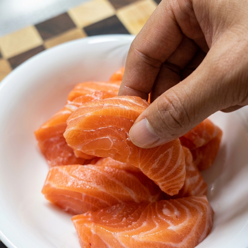 白いボウルに入ったサーモンの切り身に醤油で味付けをしている様子を、片手で切り身を支えながら写したところ。