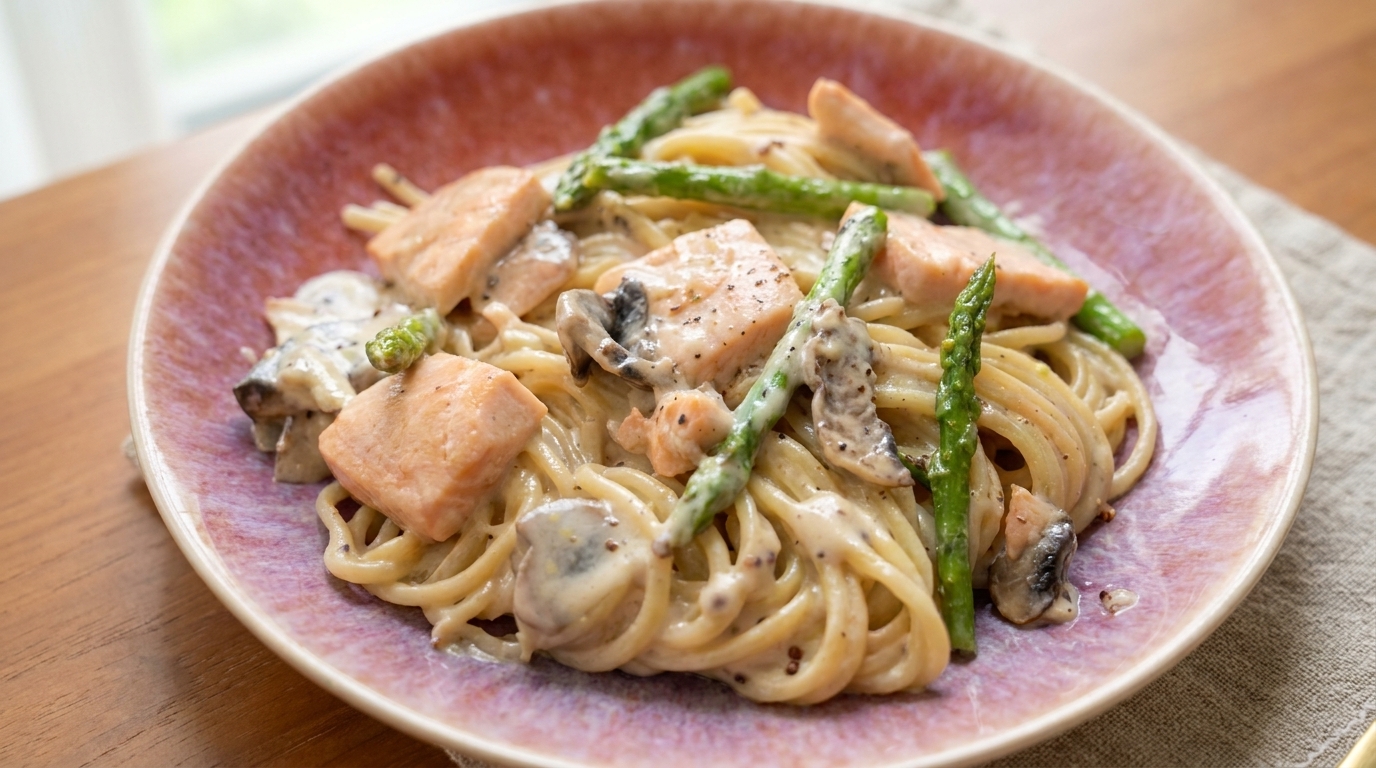 サーモンとアスパラガスの濃厚ホワイトソースパスタ