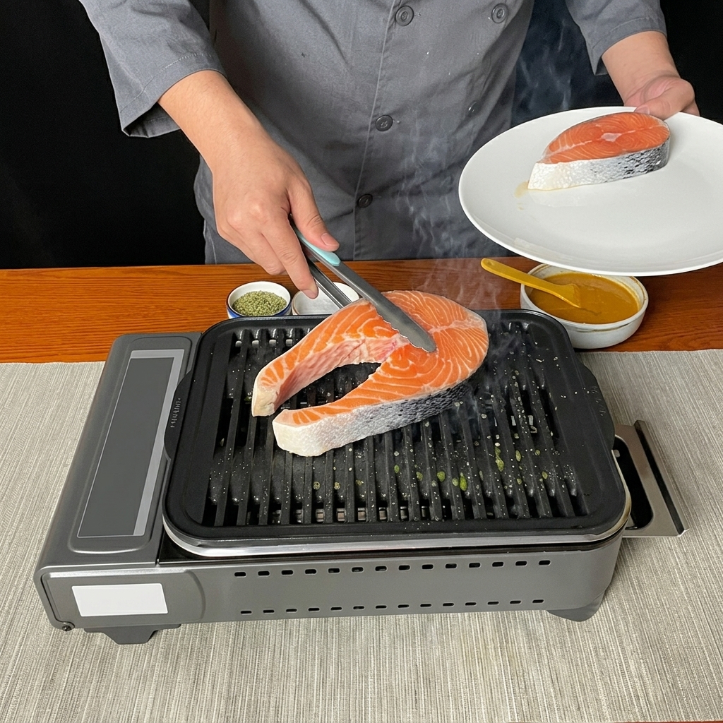 金属製のトングを使って、生の鮭を熱いグリルパンに移している様子。
