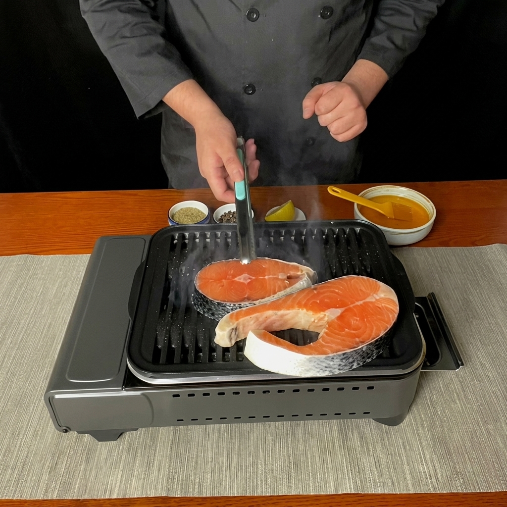 グリルパンで焼かれ、きれいな網目がついた鮭。