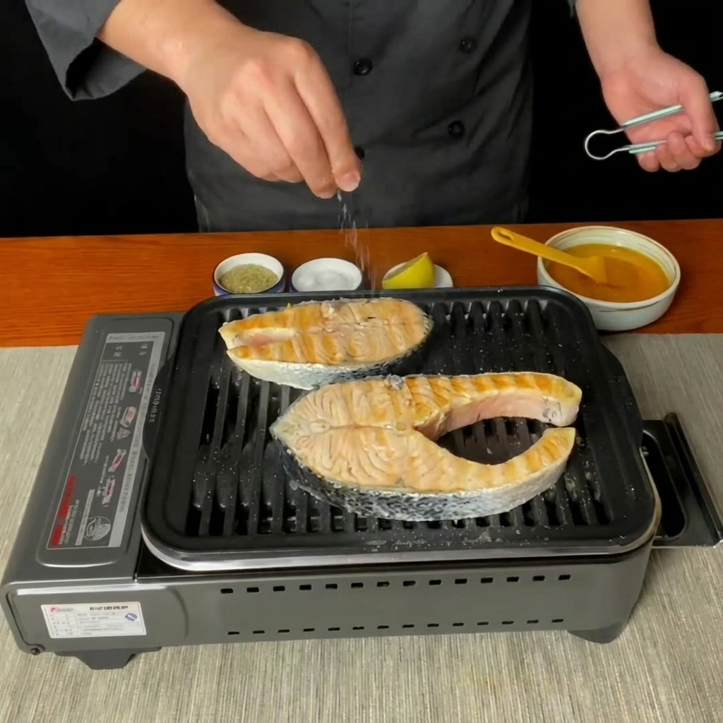 グリルで焼かれている鮭の上から塩が振りかけられている様子。