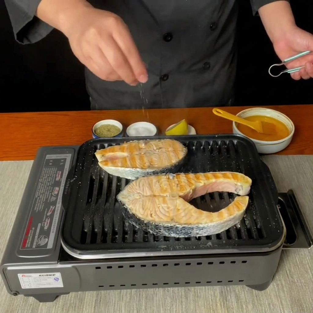 グリルパン上の鮭に新鮮なレモン汁が絞られている様子。