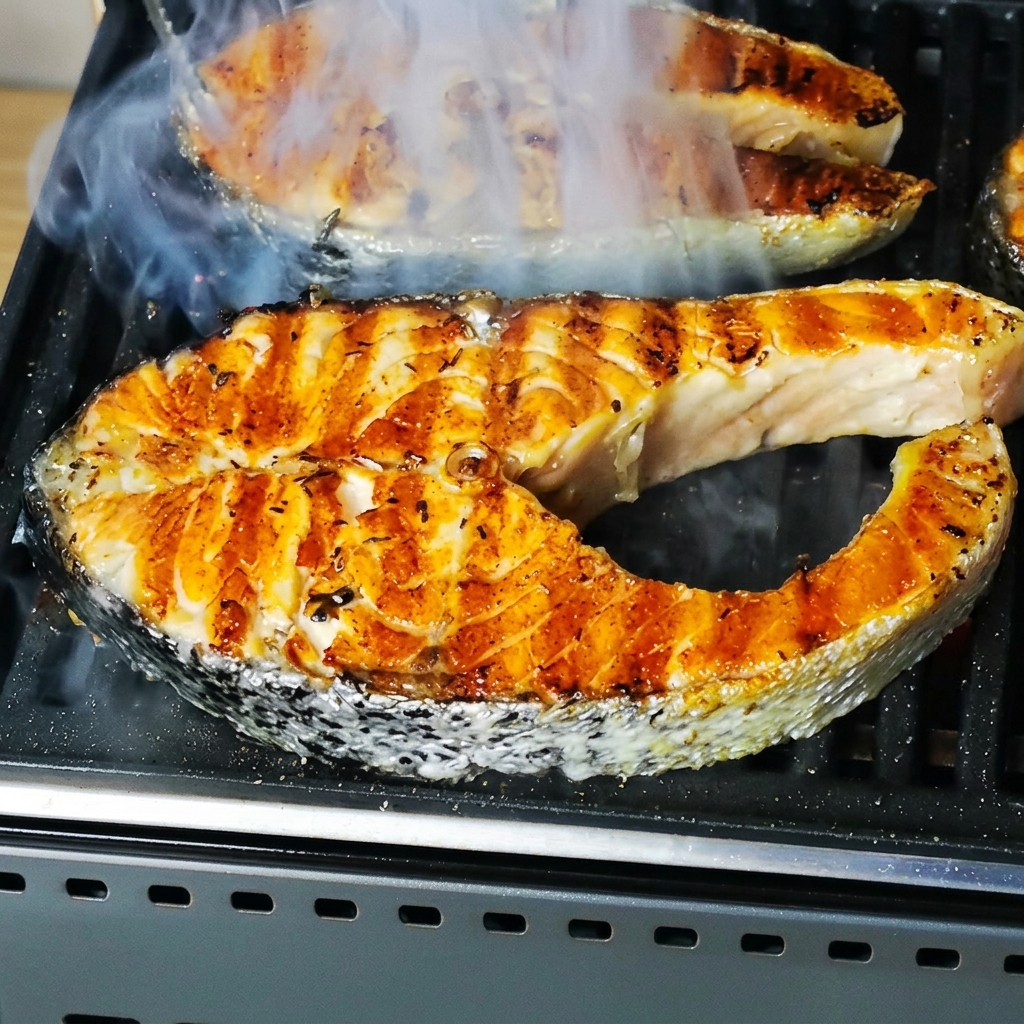 熱いグリルパンの上で湯気を立てながら焼かれている鮭。