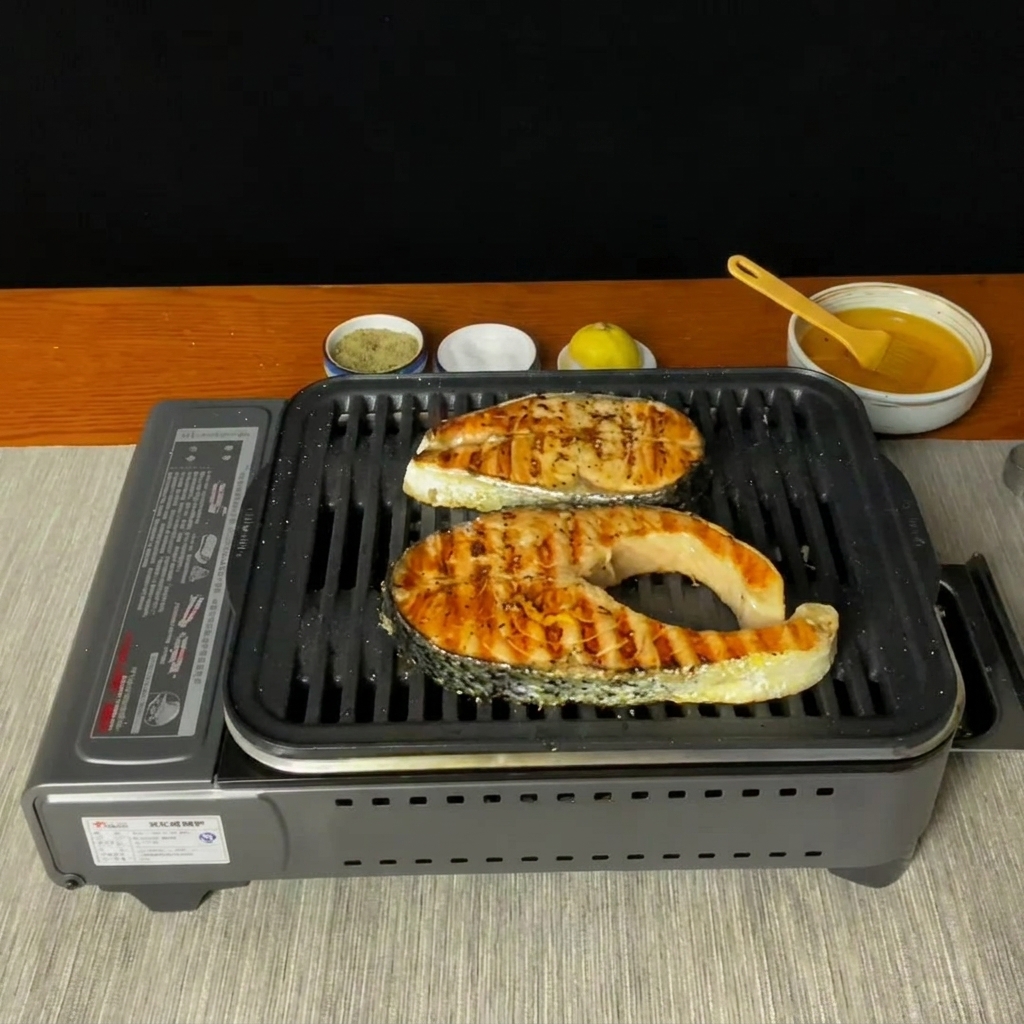 きつね色に焼き上がった鮭の上に、ミルで挽きたての黒こしょうがかけられている様子。