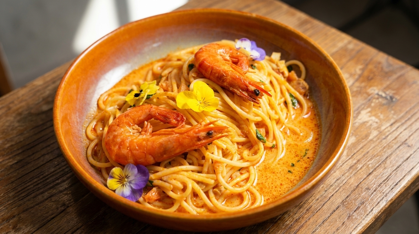 浅めのオレンジブラウンのセラミックボウルに盛られたタイ風トムヤムパスタ。茹でた海老2尾とエディブルフラワーがトッピングされています。