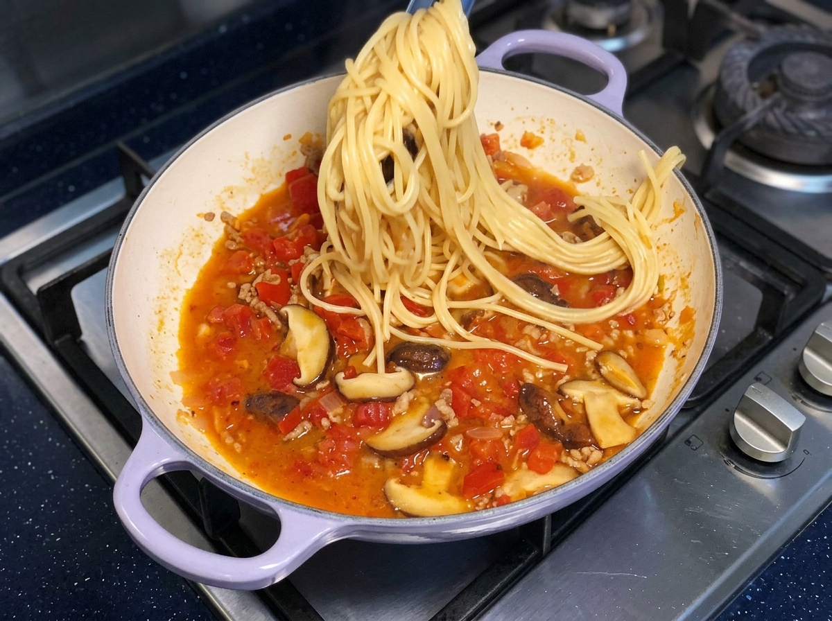 トングを使って、茹で上がったスパゲッティを赤色のトマトソースがグツグツ煮えるフライパンに引き上げている様子。