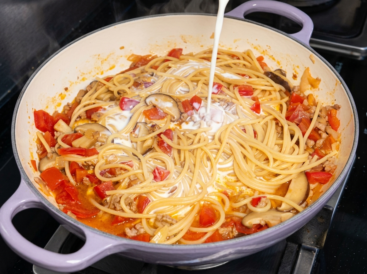 調理中のスパゲッティとトマトソースの中央に、真っ白な牛乳または生クリームが注がれている様子。