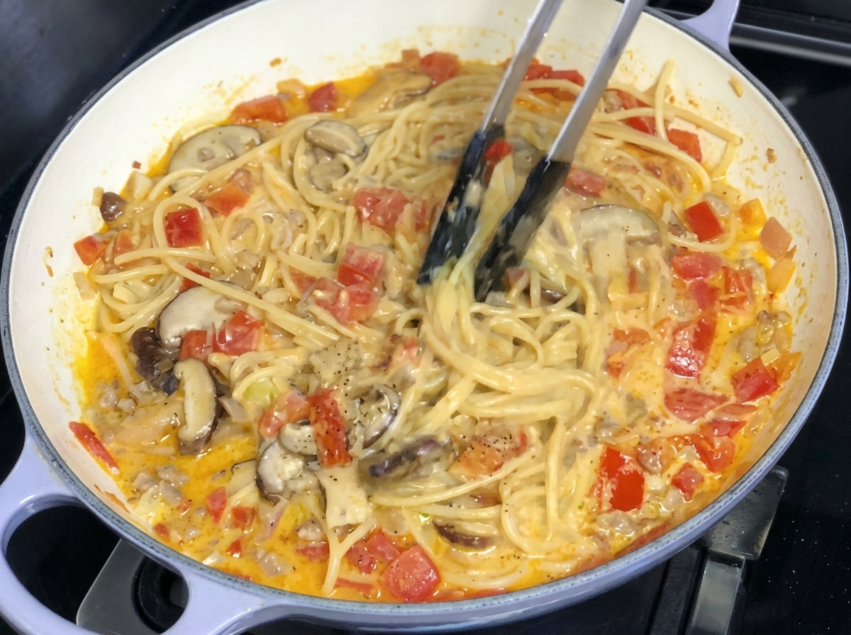 トングが添えられたパスタの上に、ハードチーズが削りかけられている様子。
