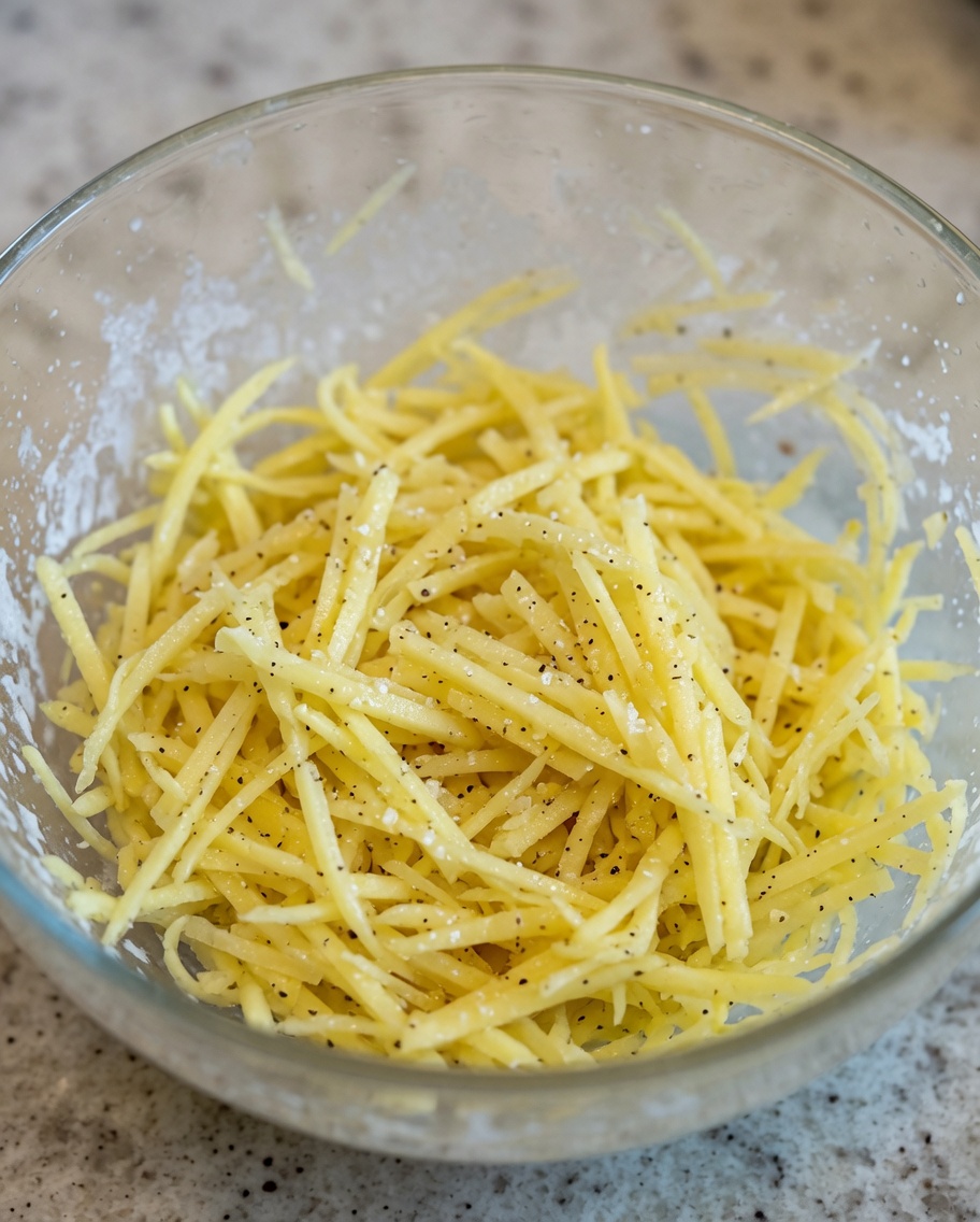 透明なガラスボウルに入った味付け済みの千切りじゃがいもに、少量の小麦粉が薄くまぶされている様子。