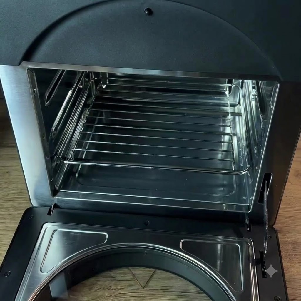 丸いベーキングパンに入った黄じゃがいもをオーブンに入れる様子。