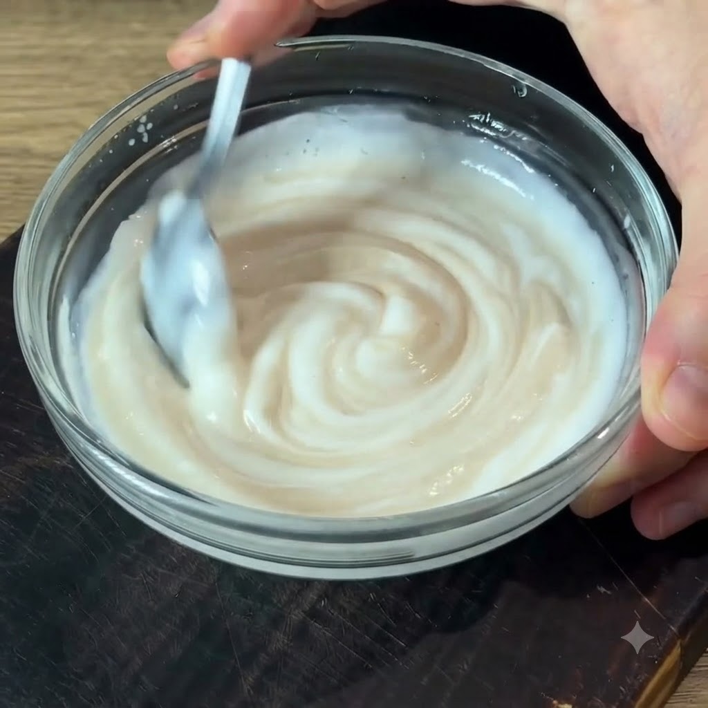 サクサクに焼けたポテト生地にスプーンで白いクリームソースを塗っている様子。