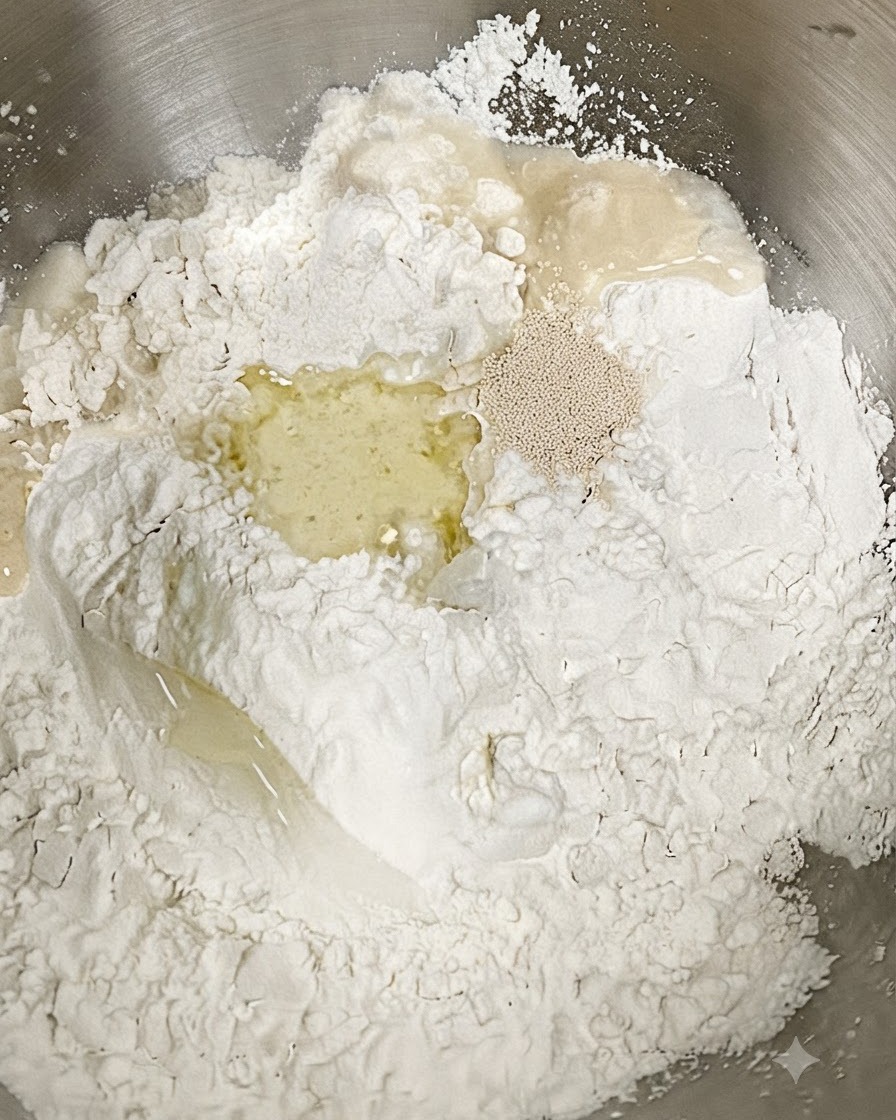 金属製のボウルの中で、こねる前に薄力粉、イースト、水、オリーブオイルが合わせられている様子。